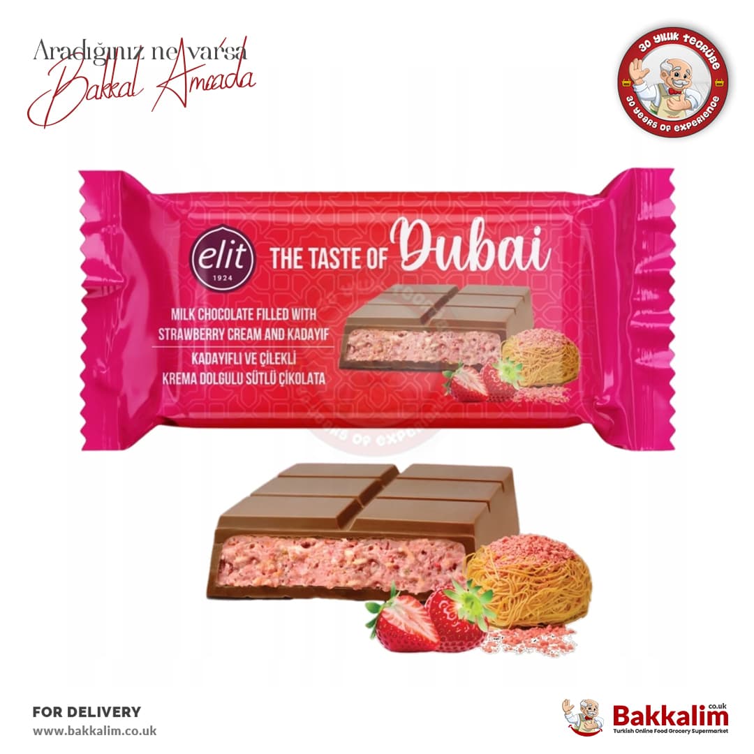 Elit Dubai Çilekli Çıtır Kadayıflı Antep Fıstıklı Dolgulu Sütlü Çikolata Bar 90 Gr