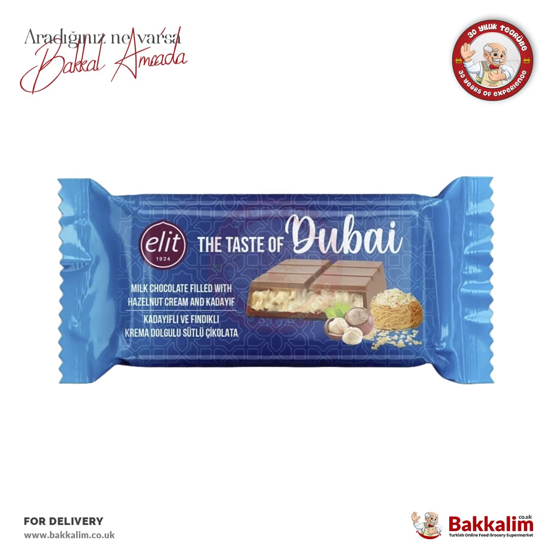 Elit Dubai Fındıklı Çıtır Kadayıflı Antep Fıstıklı Dolgulu Sütlü Çikolata Bar 90 Gr